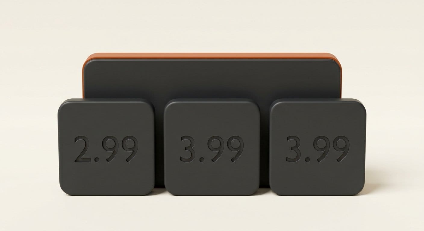 Three charcoal tiles engraved 2.99, 3.99 and 3.99 joined by one larger slab behind them