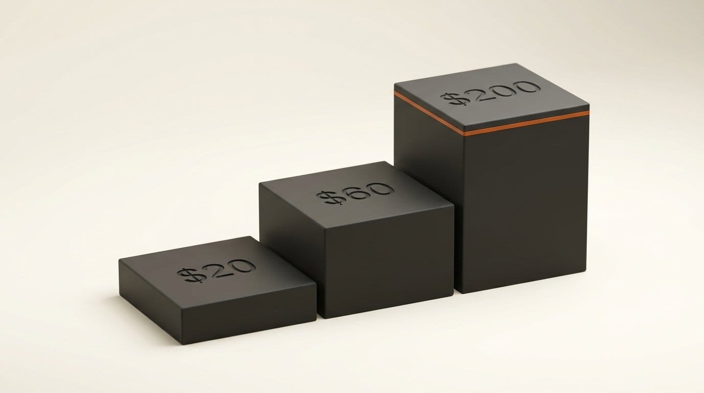 Three stepped platforms engraved $20, $60 and $200, the Cursor Pro, Pro Plus and Ultra plan prices