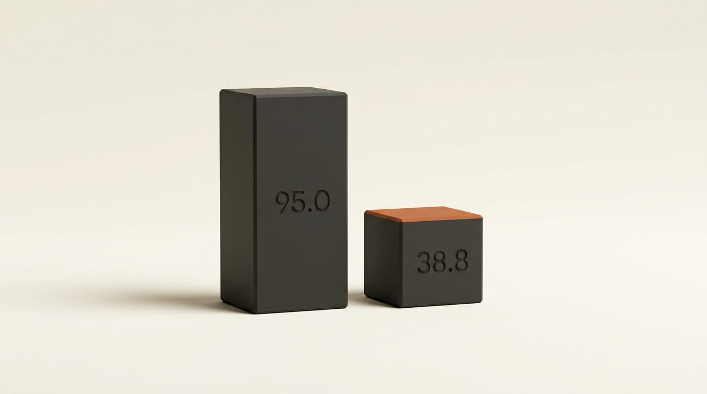 Two 3D blocks contrasting a 95.0% public benchmark score against 38.8% on private code