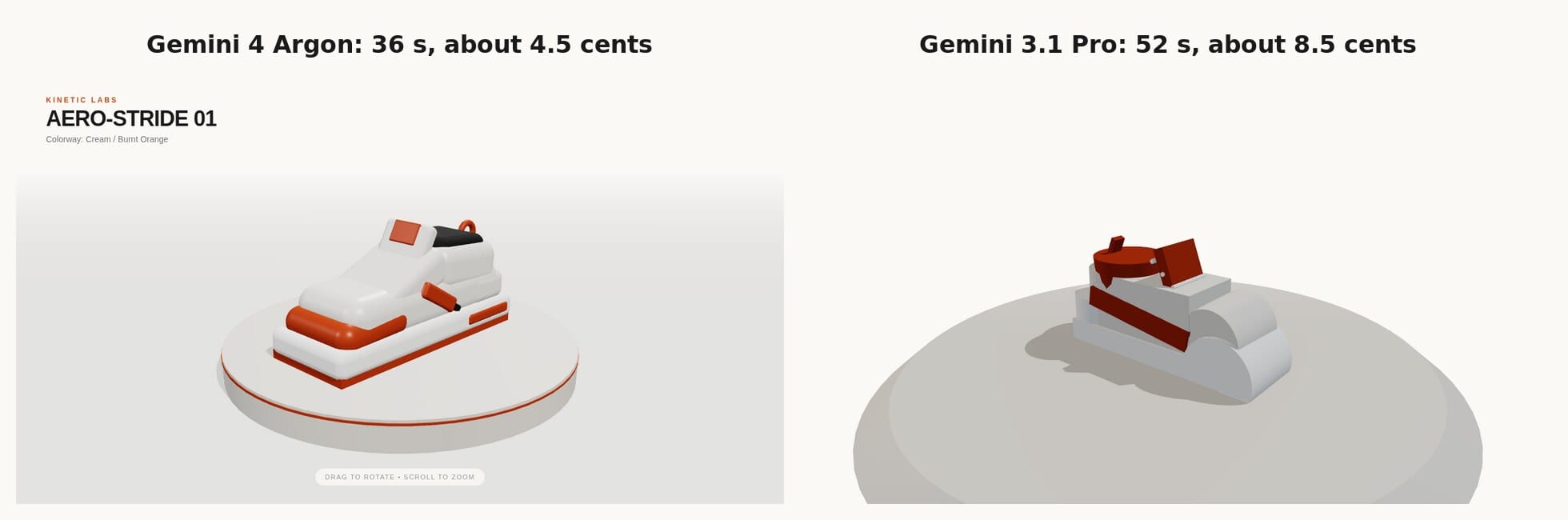 Gemini 4 Argon vs Gemini 3.1 Pro 3D sneaker turntable test, side by side