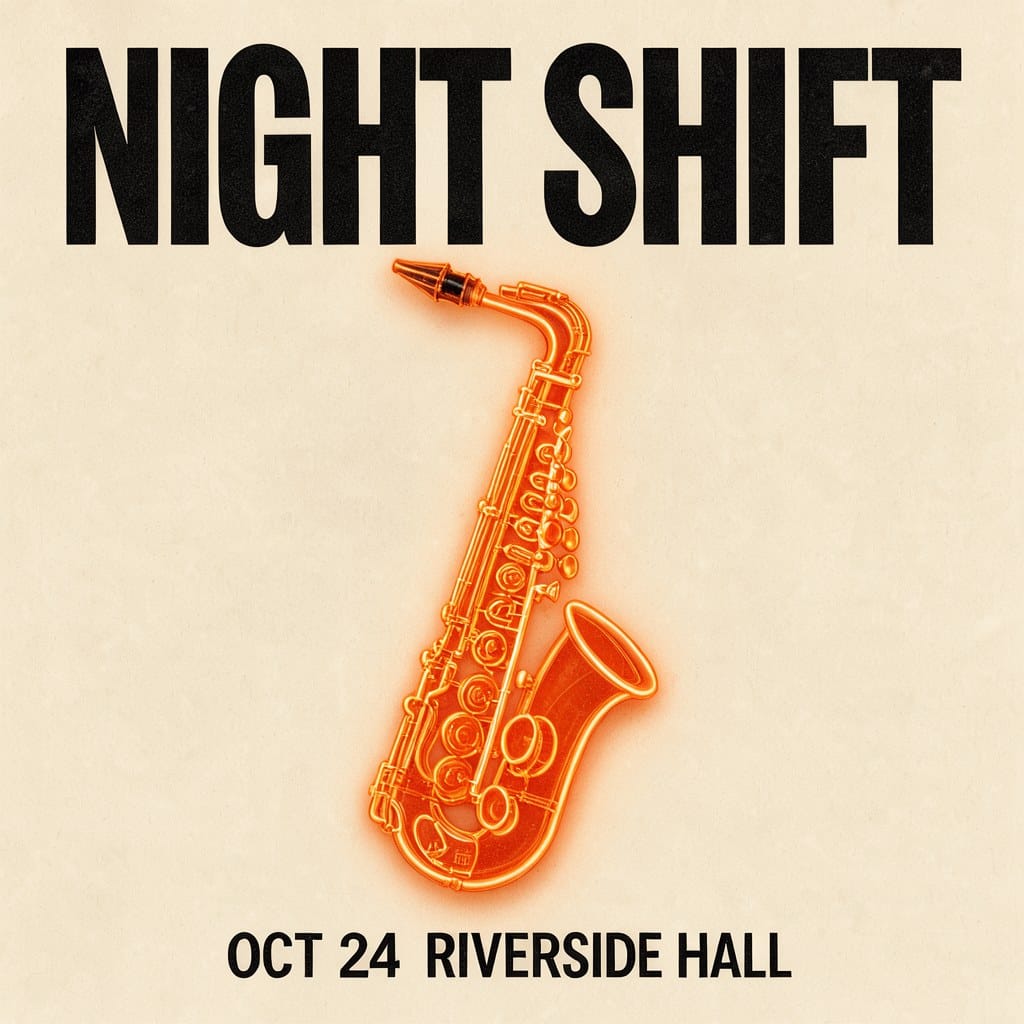 FLUX 3 Image Klein test poster reading NIGHT SHIFT with an orange neon saxophone, rendered without prompt upsampling