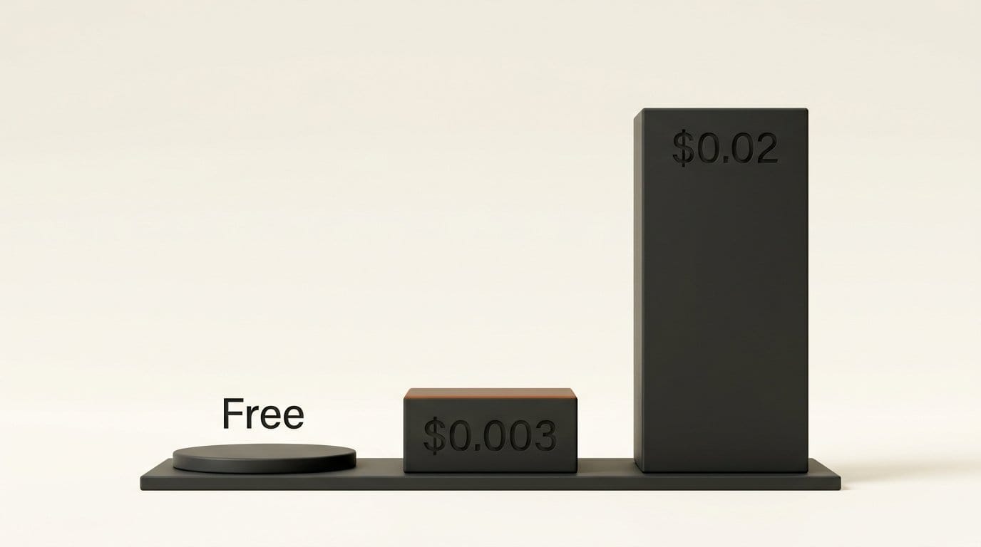 Cost per AI product background: free in Shopify and Product Studio, about a third of a cent in Photoroom Pro, about $0.02 in Photoshop
