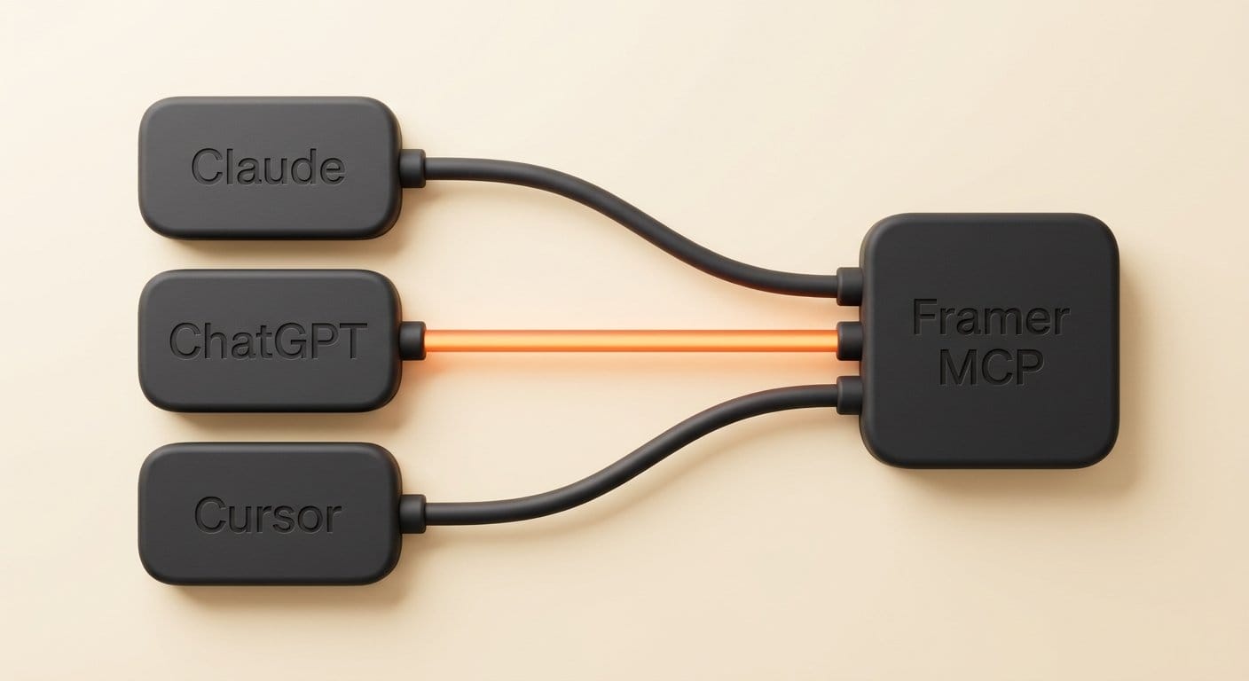 3D render of Claude, ChatGPT and Cursor tiles cabled into one Framer MCP block
