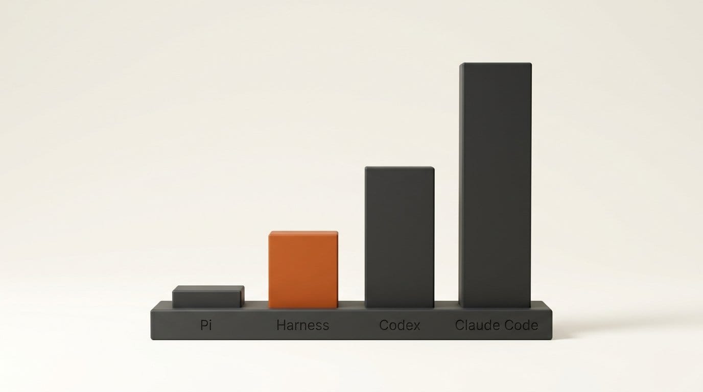 Fixed prompt before your words, o200k tokens: Pi 1,392, Harness 5,080, Codex 9,396, Claude Code 16,891