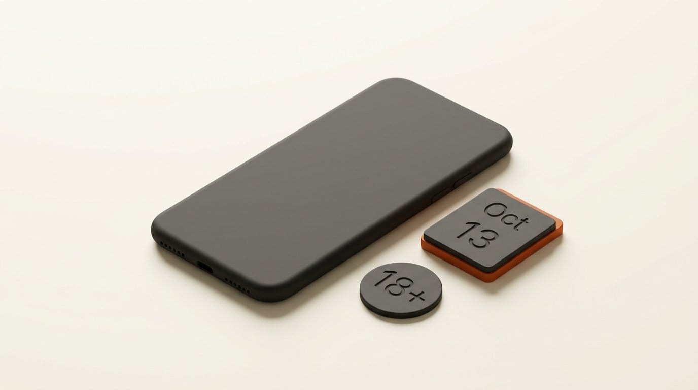 3D render of a phone beside a calendar block marked Oct 13 and an 18+ badge