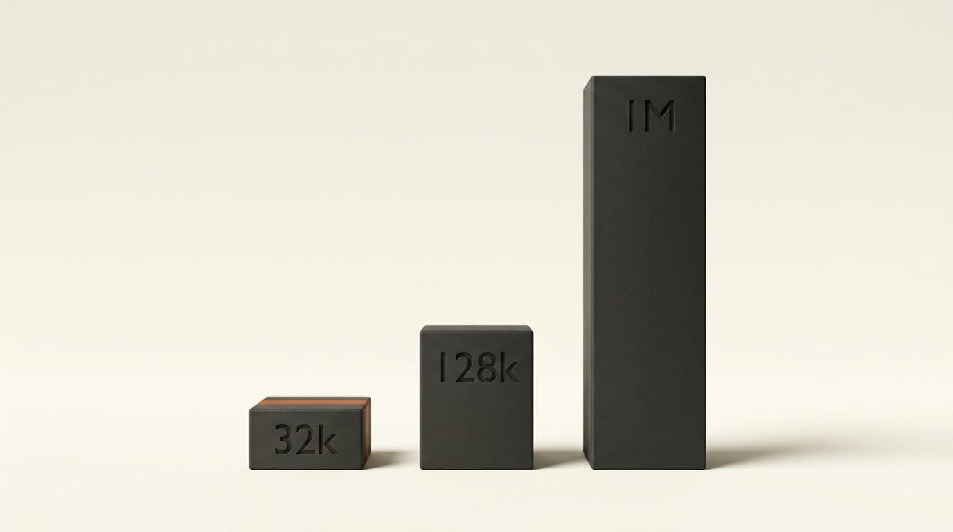 Three 3D bars showing Gemini context windows of 32k, 128k and 1M tokens