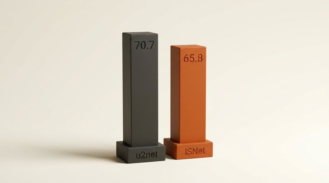 Mean background removal error on AIM-500: u2net 70.7 against ISNet 65.8, lower is better