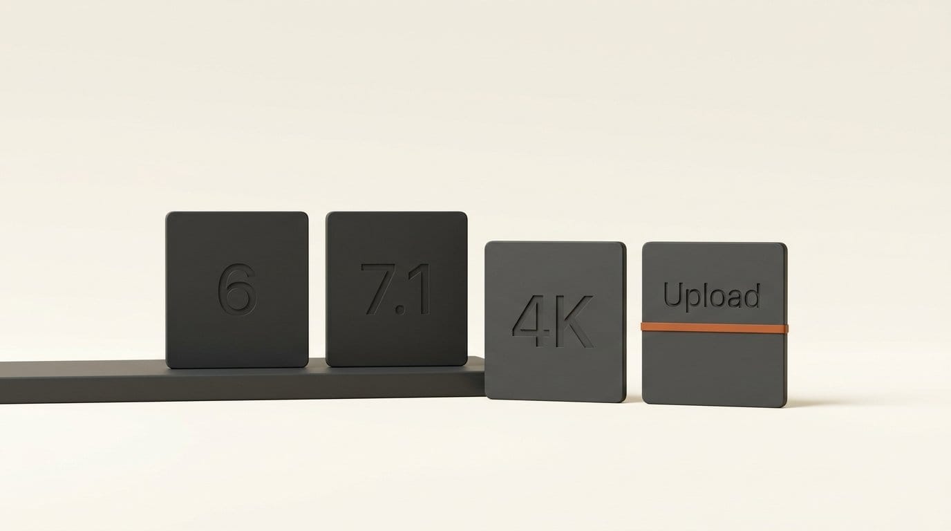 Tiles engraved 6 and 7.1 raised above tiles engraved 4K and Upload