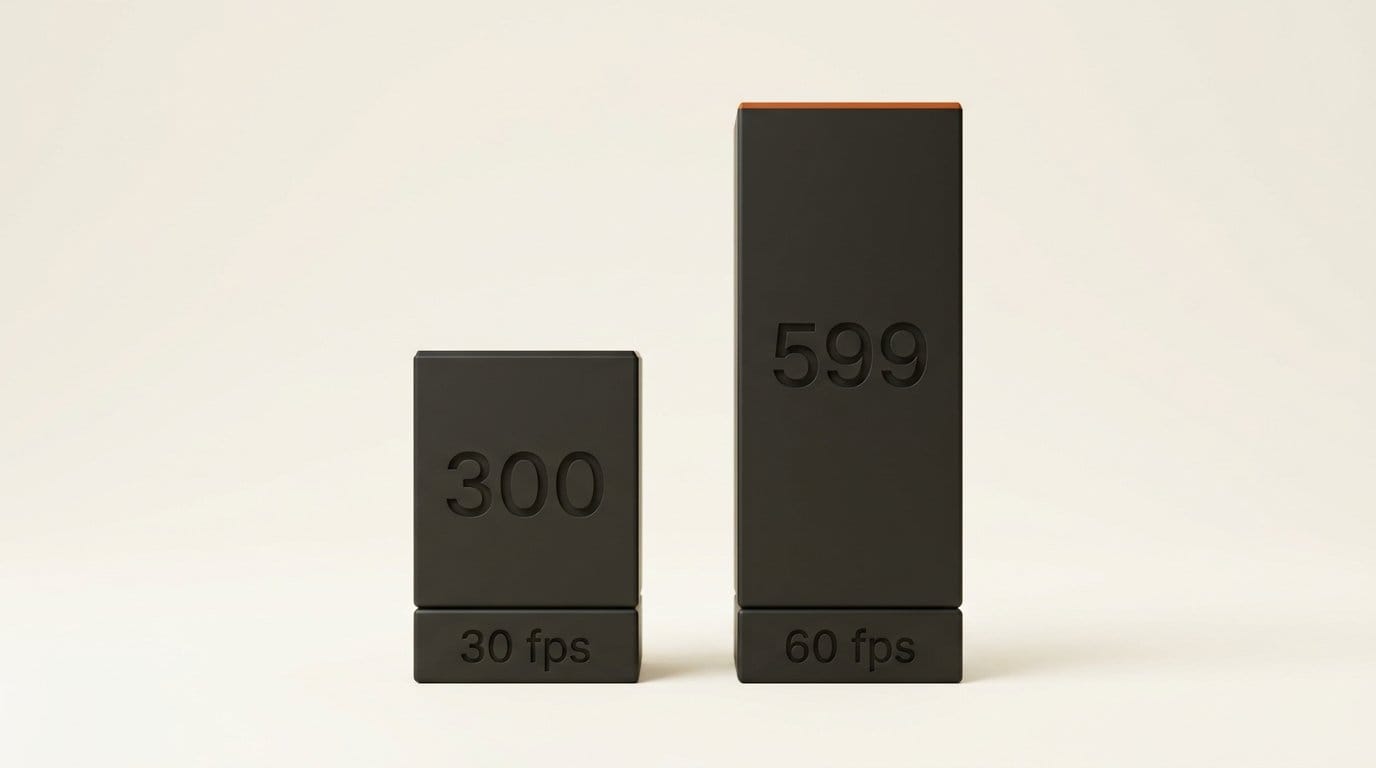Frame Generation at 2x turns a 300-frame, 30 fps clip into 599 frames that must be encoded at 60 fps