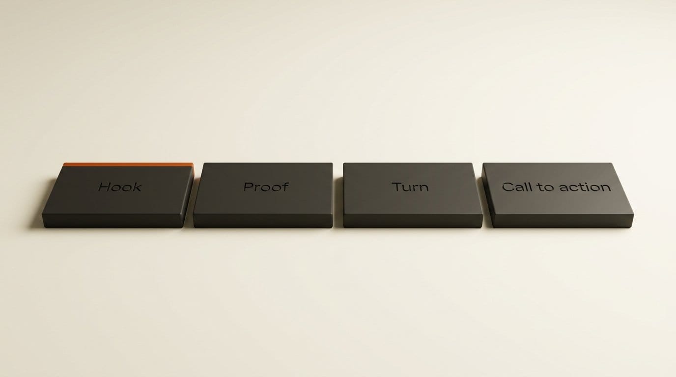 HyperFrames Studio's four-part launch video structure: Hook, Proof, Turn and Call to action