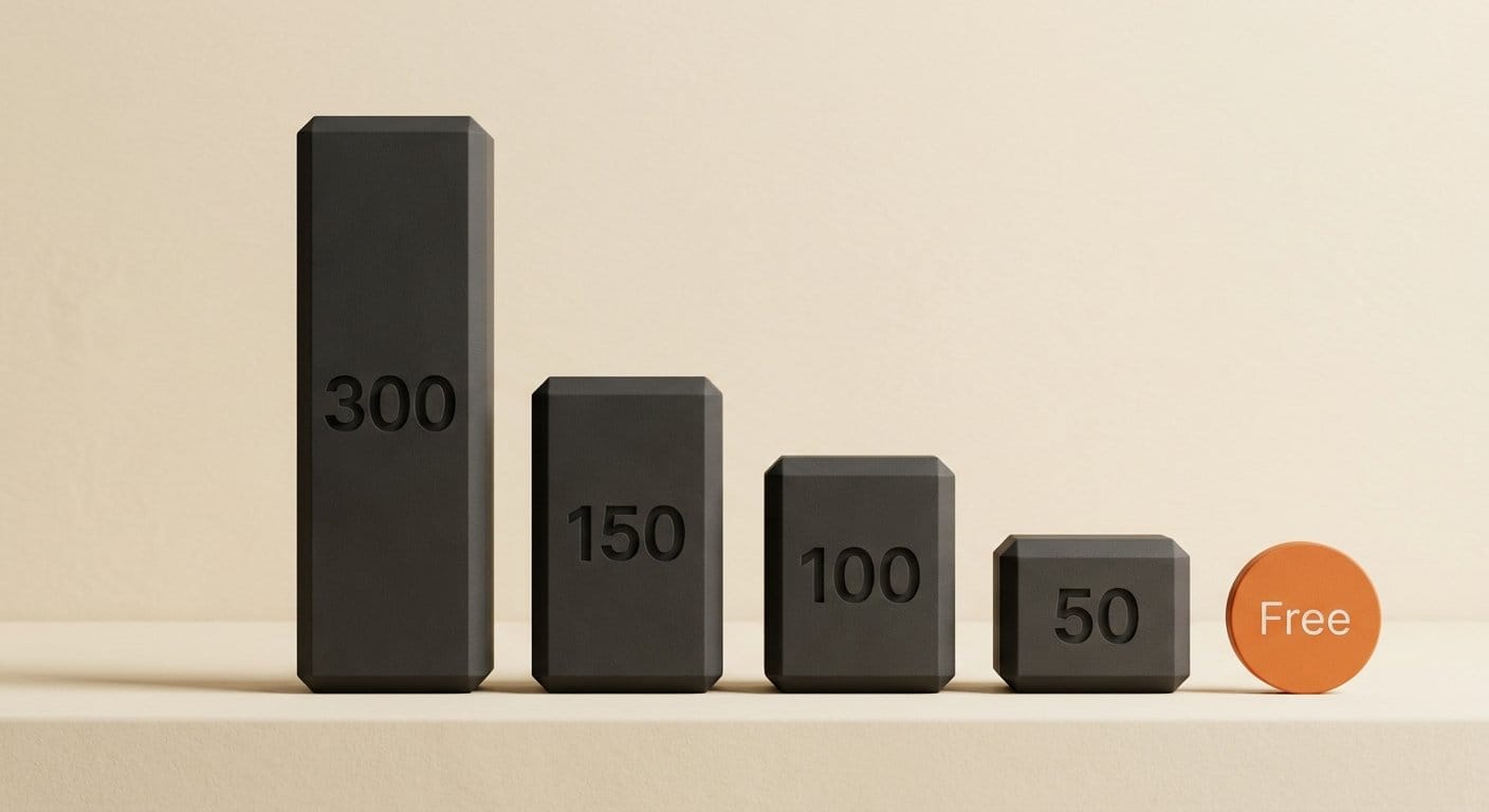 3D render of four charcoal bars labelled 300, 150, 100 and 50 credits beside an orange Free token