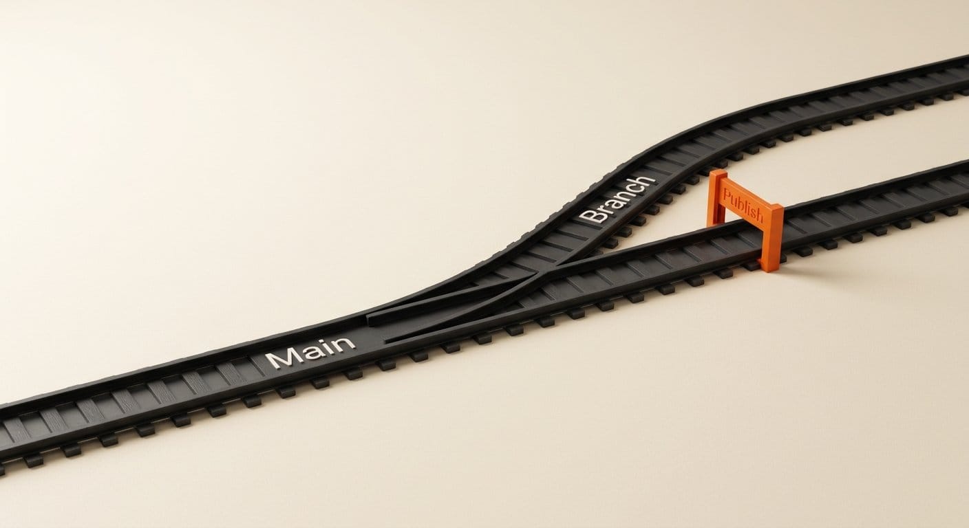 3D render of a main track and a side branch track meeting at an orange Publish gate