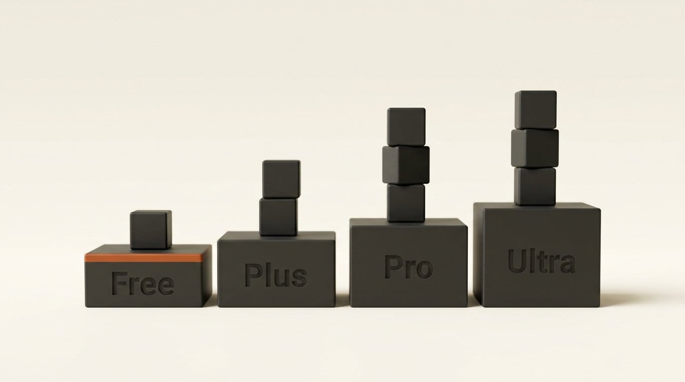 Four 3D platforms labelled Free, Plus, Pro and Ultra carrying one, two, three and three model cubes
