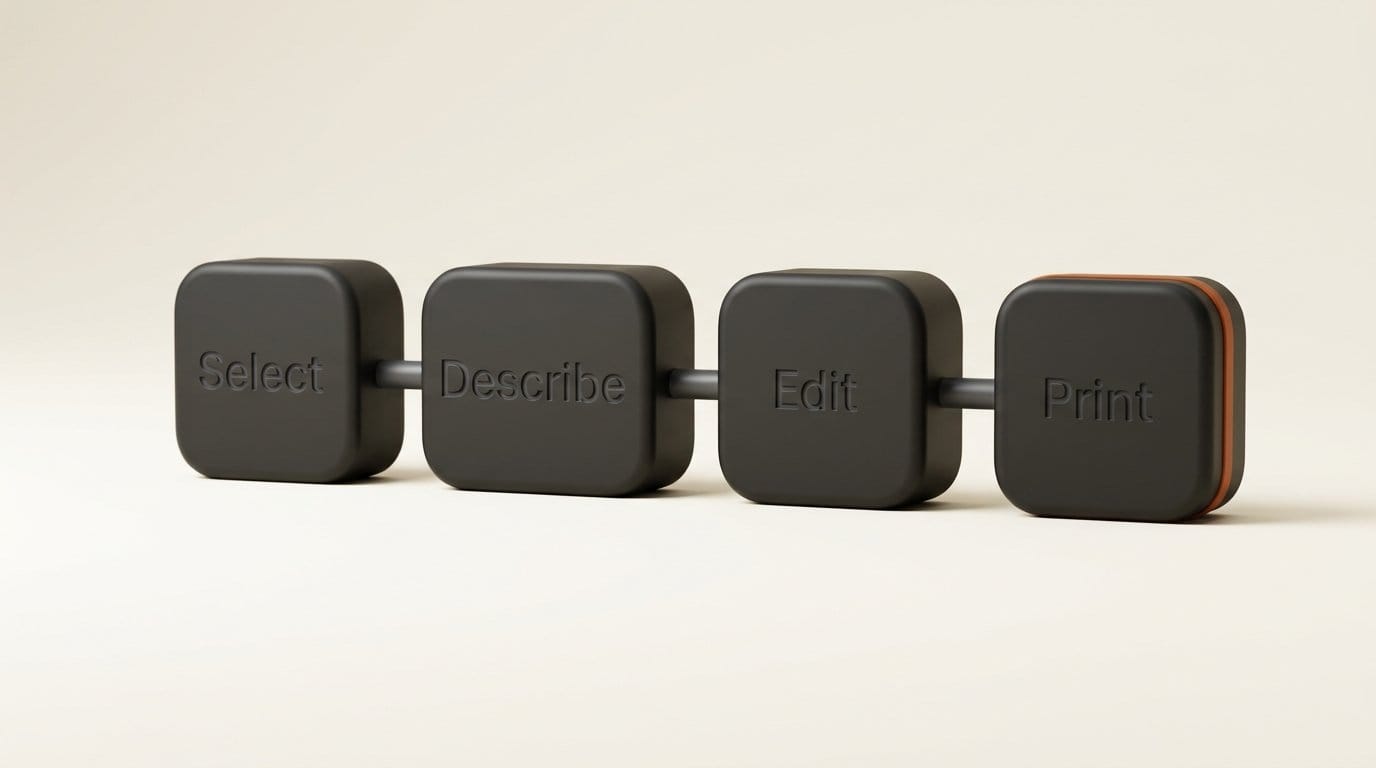 Four linked 3D blocks engraved Select, Describe, Edit, Print