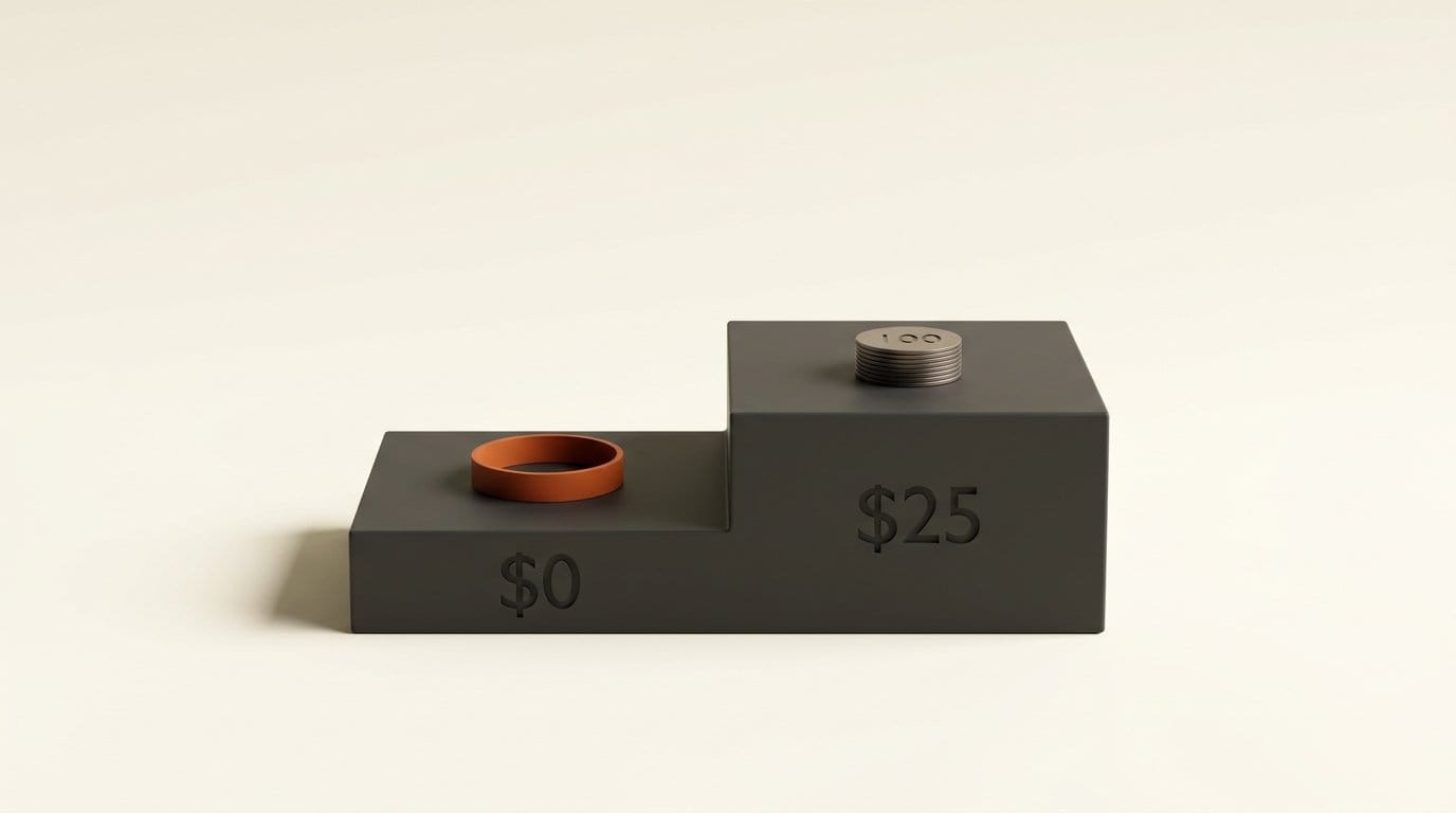3D render of two platforms engraved $0 and $25 with a token stack marked 100