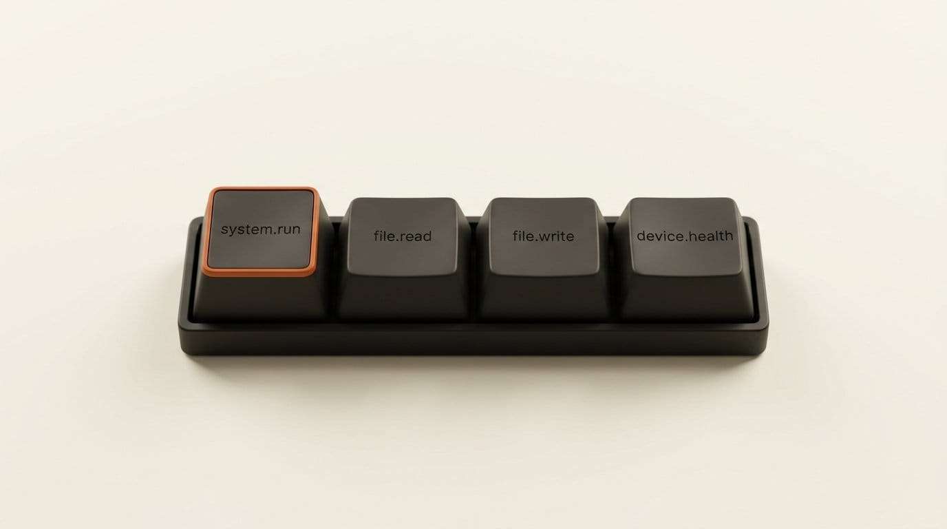 The four commands the Muse Linux SDK accepts: system.run, file.read, file.write and device.health