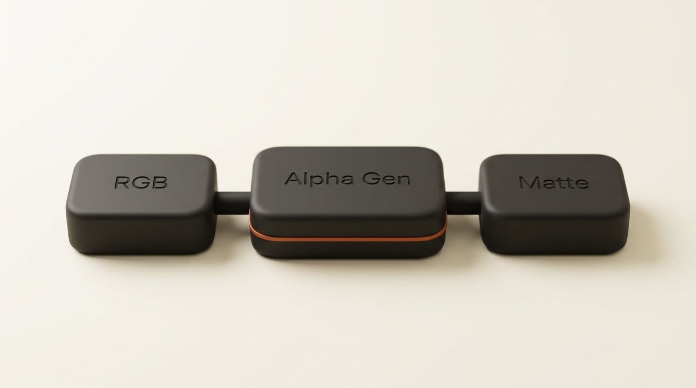 Alpha Gen pipeline: an RGB clip goes in and a frame-matched alpha matte comes out