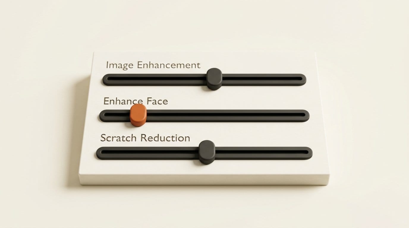 The three sliders of Photoshop's Photo Restoration Neural Filter: Image Enhancement, Enhance Face and Scratch Reduction