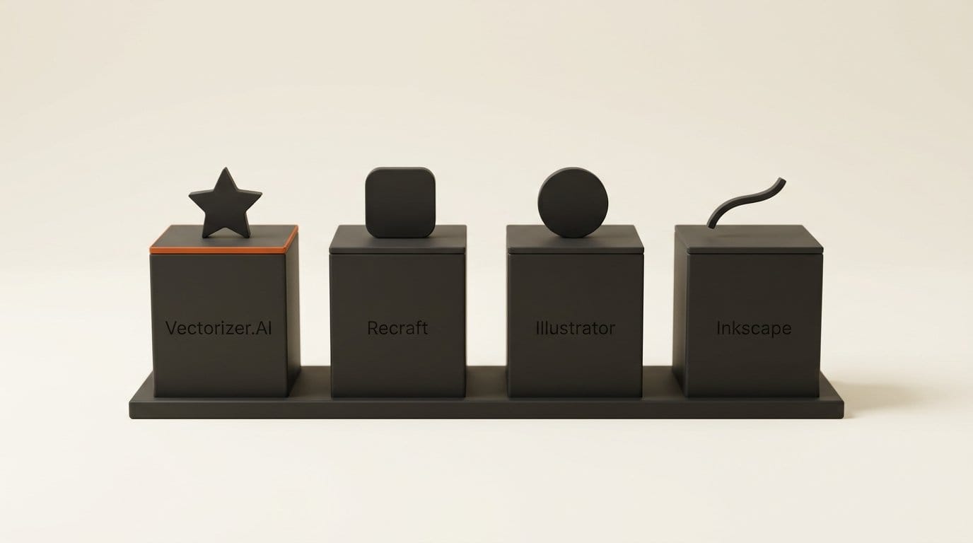 Four vectorizers compared: Vectorizer.AI, Recraft, Illustrator and Inkscape