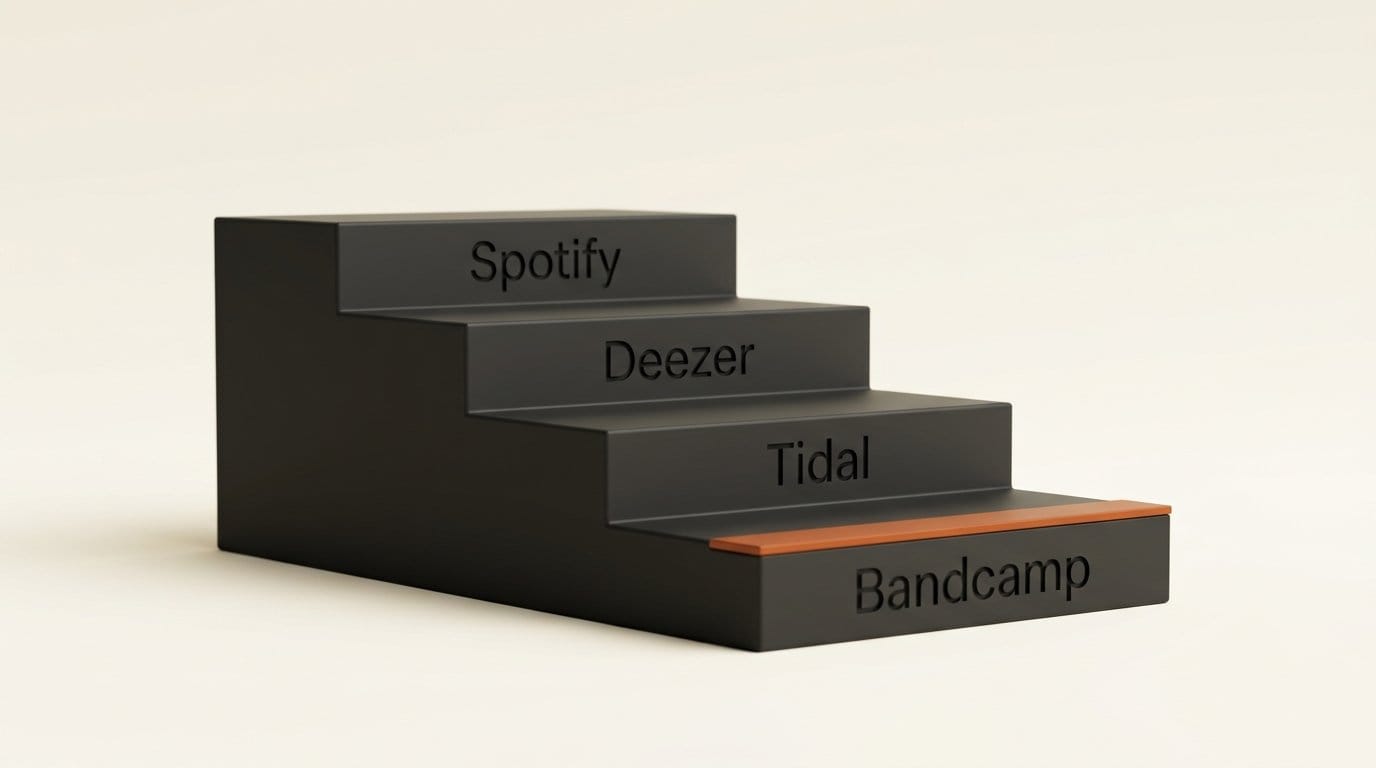 Four services from most open to closed for fully AI songs: Spotify, Deezer, Tidal, Bandcamp