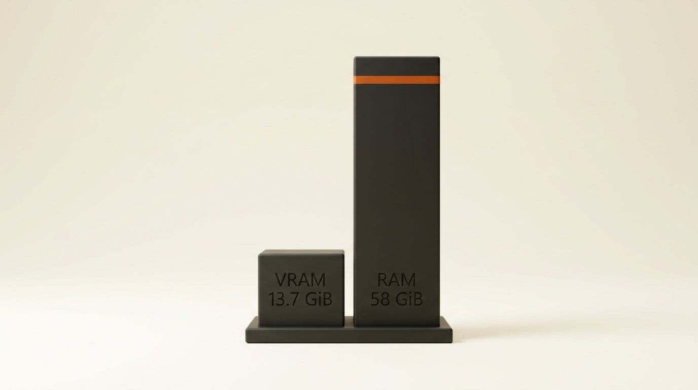 Kandinsky 6.0 Pro at the 16 GB preset: 13.7 GiB peak VRAM versus about 58 GiB of system RAM