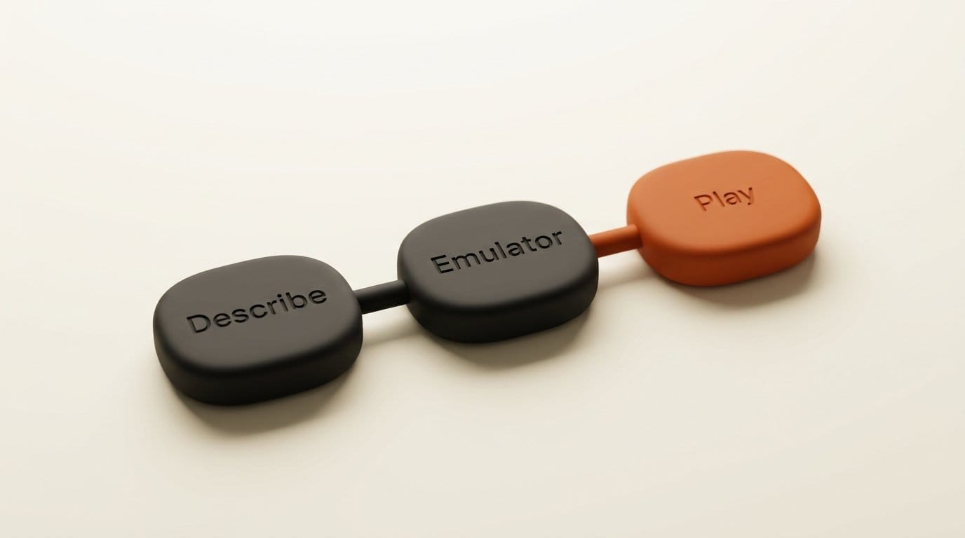 3D render of three linked nodes labelled Describe, Emulator and Play