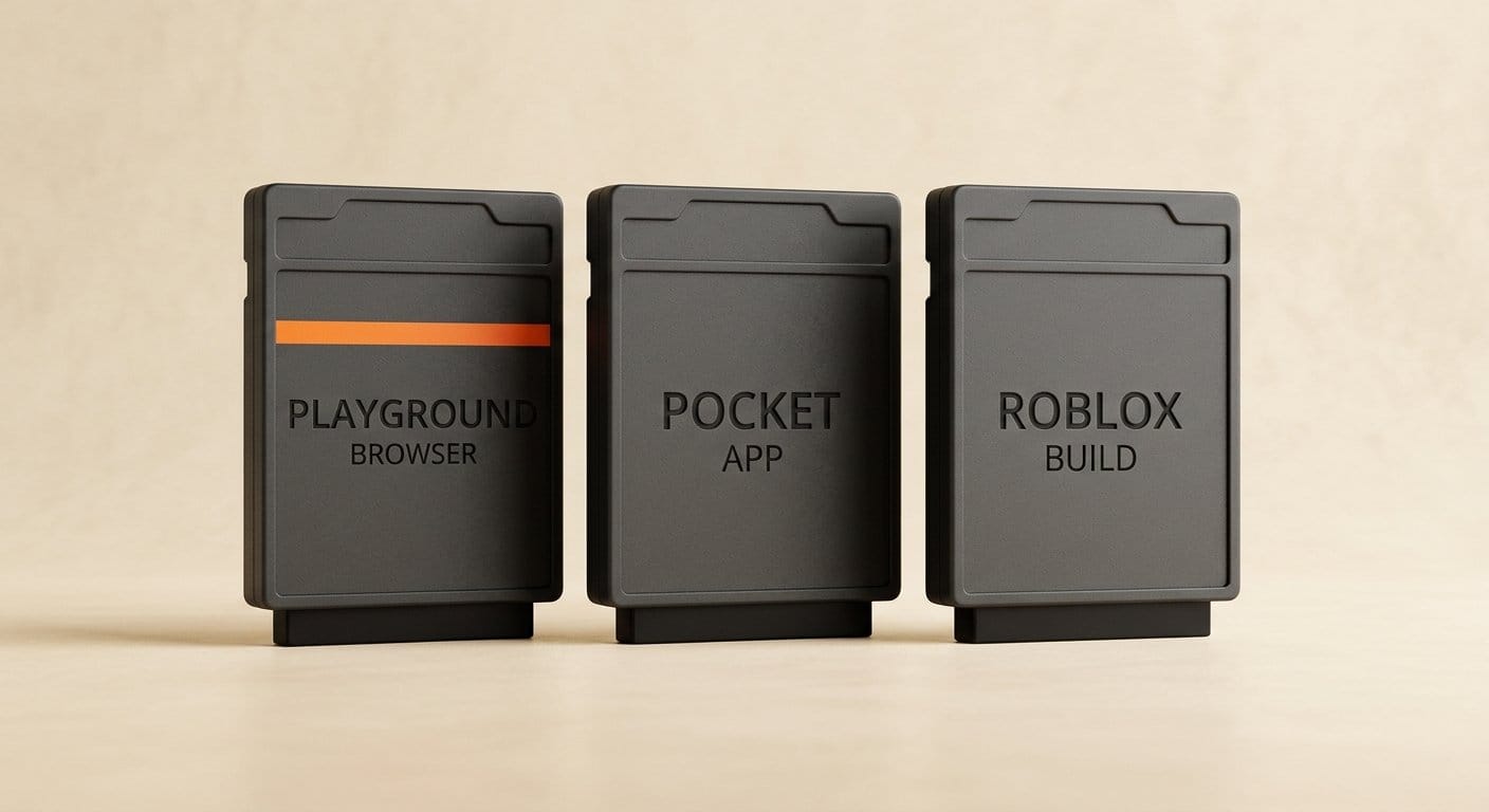 Google Playground compared with Meta Pocket and Roblox Build as three game cartridges