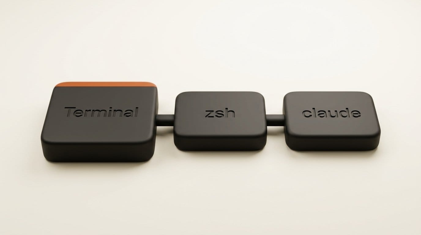 Process chain: Terminal starts zsh, zsh starts claude, and claude inherits Terminal's Full Disk Access