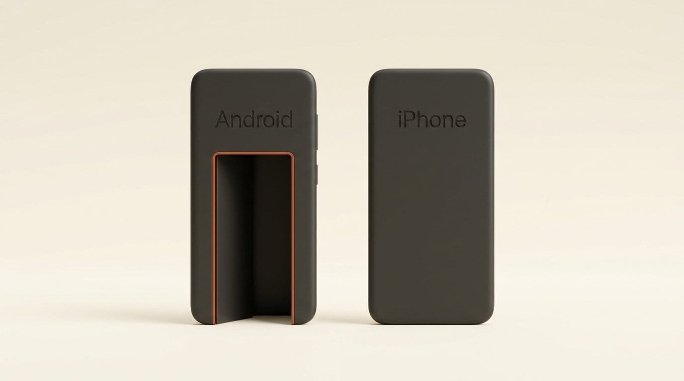 3D render of an open phone labelled Android beside a sealed phone labelled iPhone