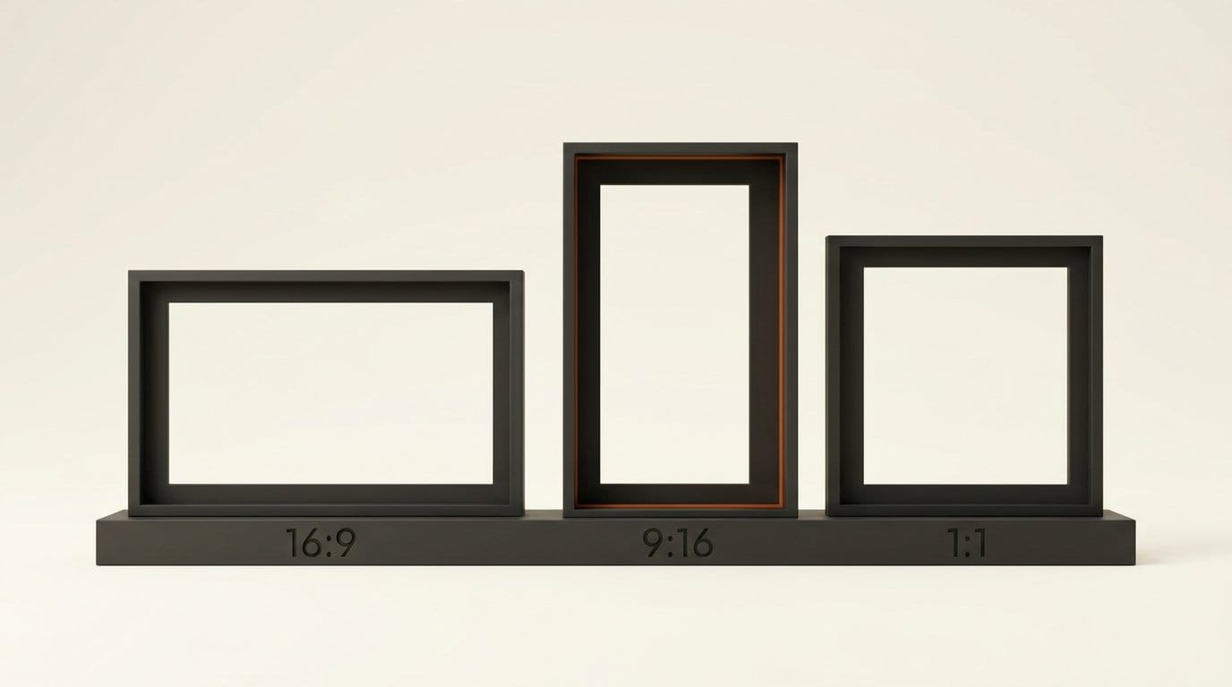 Three OpenScreen export shapes as frames: 16:9 for YouTube, 9:16 for Shorts and Reels, 1:1 for a square feed