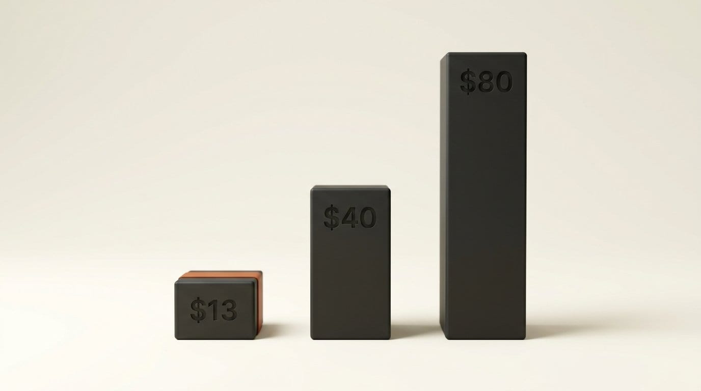 3D bars comparing Voxtral Speech 3 at $13, ElevenLabs Flash at $40 and Eleven v4 at $80 per million characters