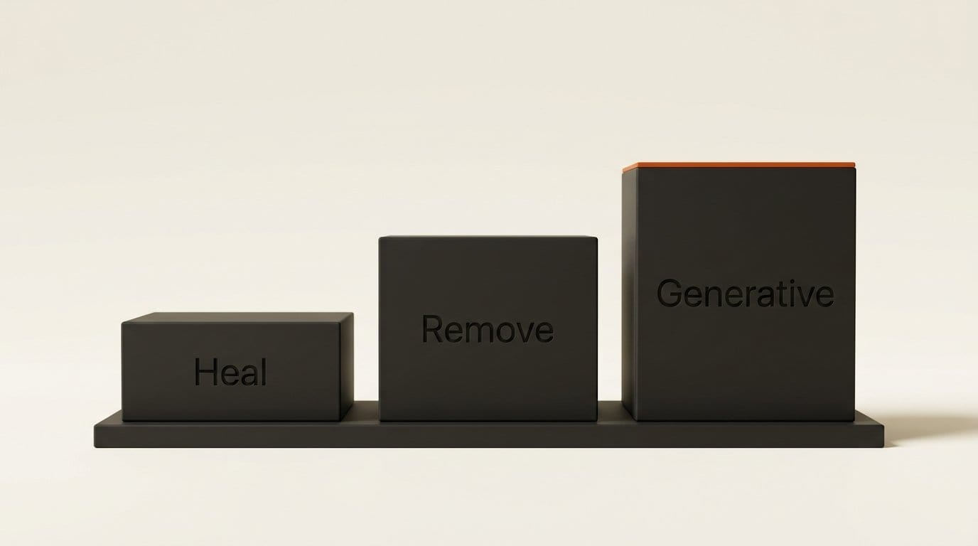 Adobe's tool choice by size of the problem: Heal for small marks, Remove for whole objects, Generative for large distractions