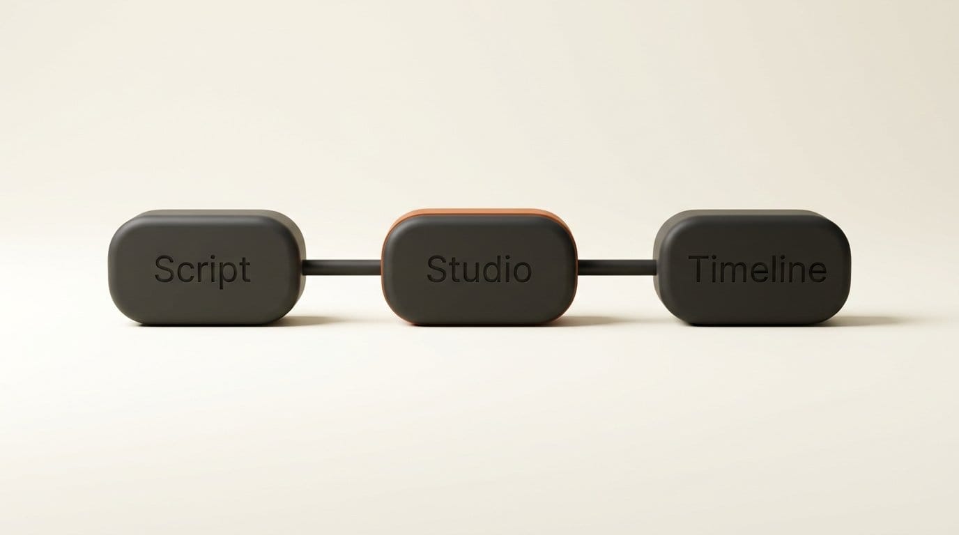 3D workflow nodes: script into Mistral Studio playground into the editing timeline