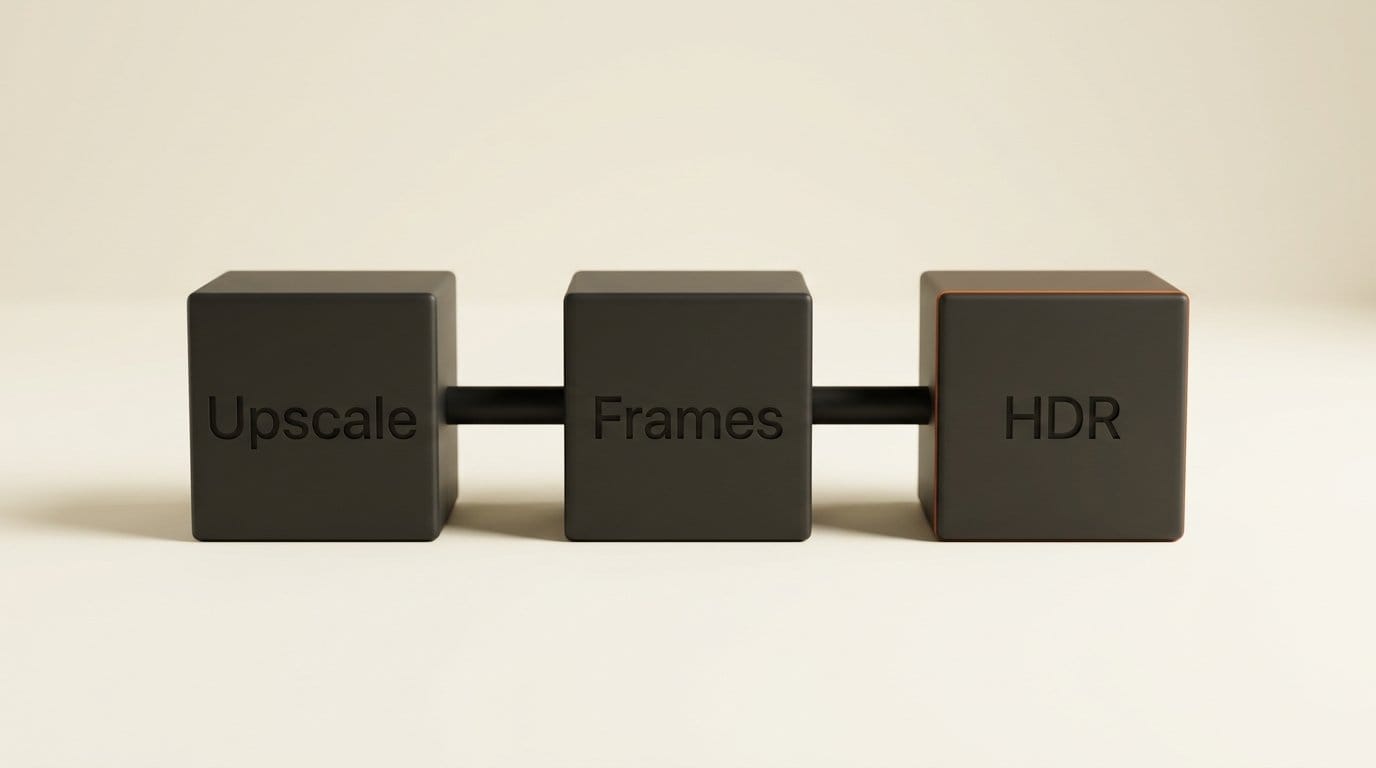 The three RTX Video nodes as one ComfyUI chain: Super Resolution upscale, Frame Generation, then SDR to HDR